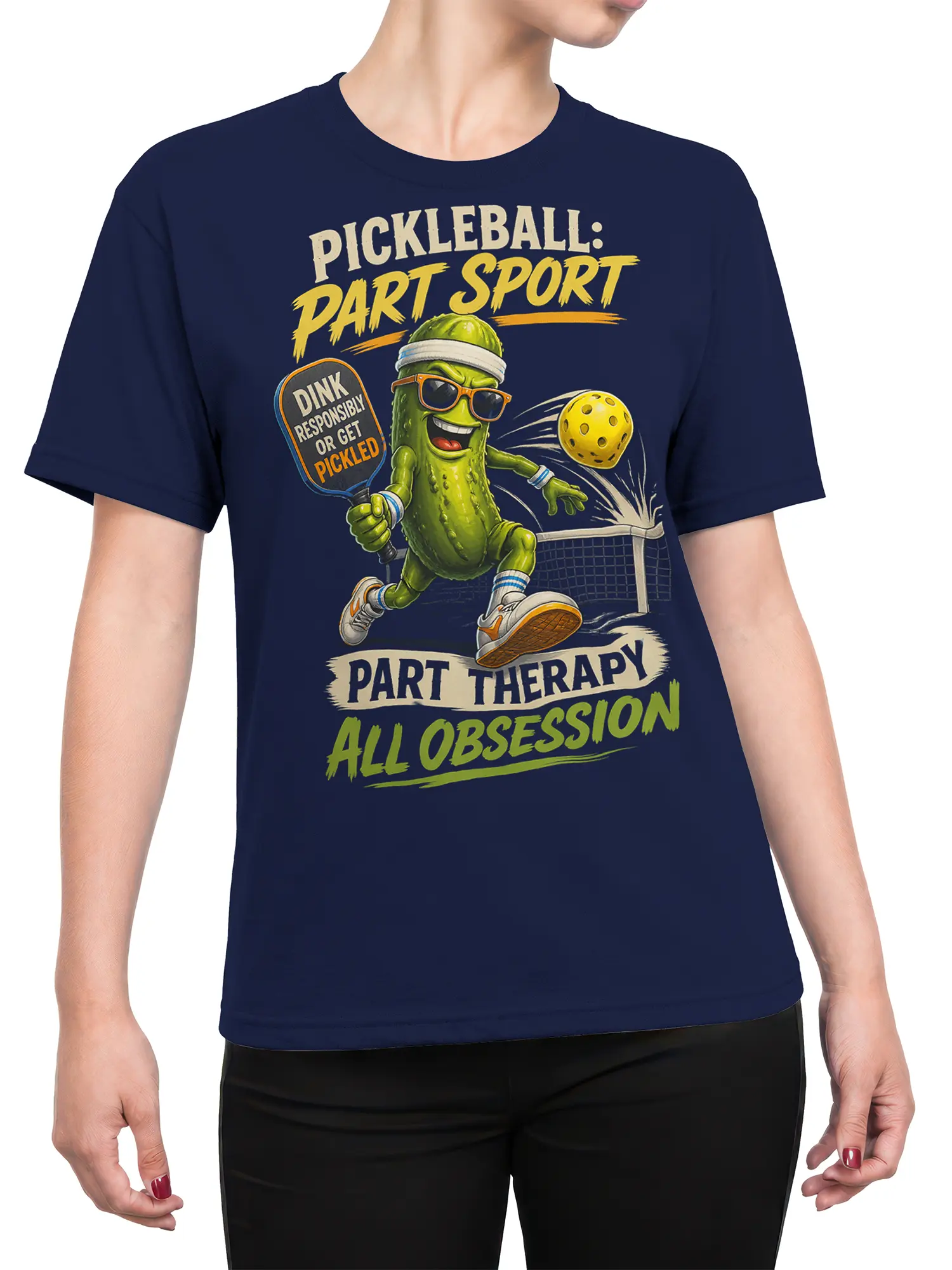 Female torso wearing a navy pickleball shirt with green pickle player and colorful sports graphic