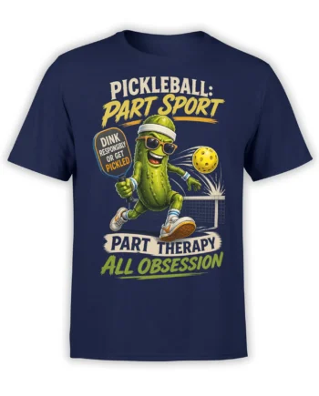 Funny pickleball player graphic on a navy shirt with paddle, ball, net, and bold sports lettering