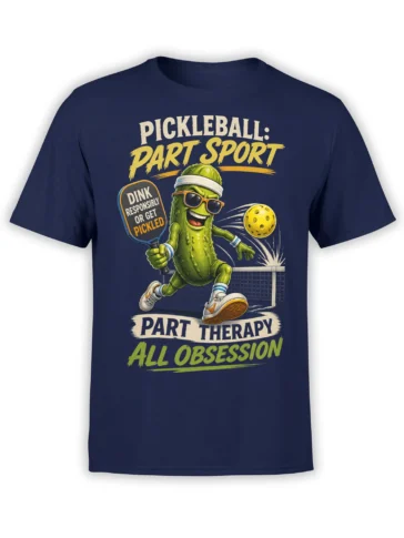 Funny pickleball player graphic on a navy shirt with paddle, ball, net, and bold sports lettering