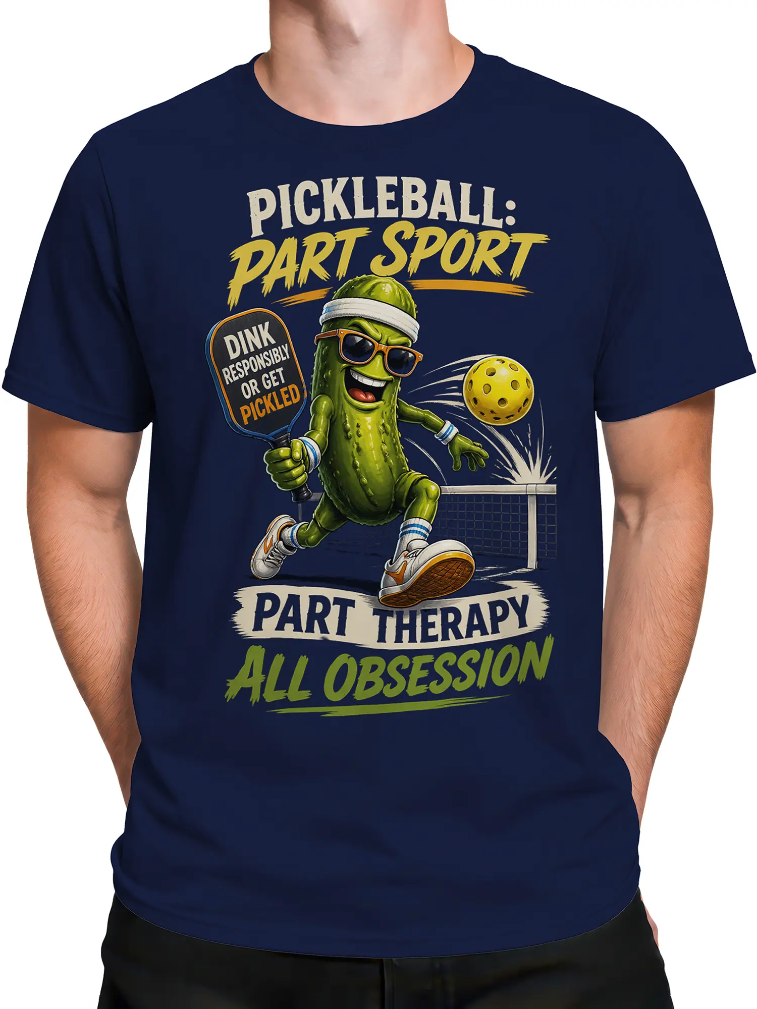 Male torso wearing a navy pickleball shirt with funny green pickle player sports design