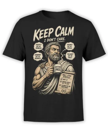 Black T-shirt with a cream stoic philosopher graphic, “Keep Calm” text, mug, and daily schedule scroll