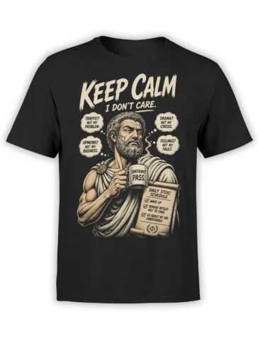 Black T-shirt with a cream stoic philosopher graphic, “Keep Calm” text, mug, and daily schedule scroll
