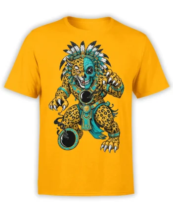 Golden yellow T-shirt with a fierce spotted jaguar warrior, turquoise armor, feathers, and raised claws