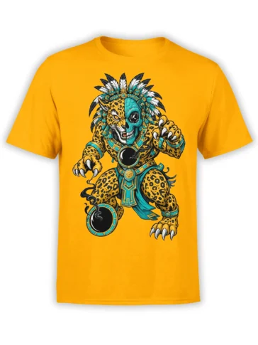 Golden yellow T-shirt with a fierce spotted jaguar warrior, turquoise armor, feathers, and raised claws
