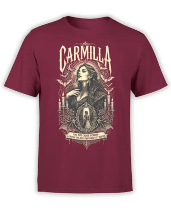 Vintage gothic vampire woman design with bats and roses on a burgundy T-shirt