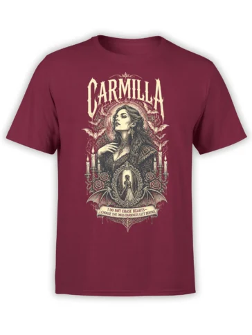 Vintage gothic vampire woman design with bats and roses on a burgundy T-shirt