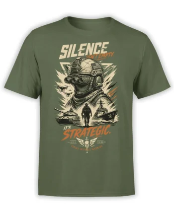 Olive green military T-shirt with tactical soldier, drones, tank, patrol boat, and strategic silence graphic