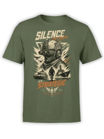 Olive green military T-shirt with tactical soldier, drones, tank, patrol boat, and strategic silence graphic