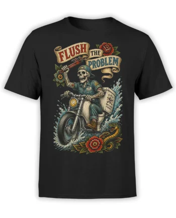 Black T-shirt with a vintage skeleton biker riding through water beside a snake and “Flush the Problem” text