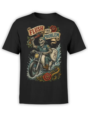 Black T-shirt with a vintage skeleton biker riding through water beside a snake and “Flush the Problem” text