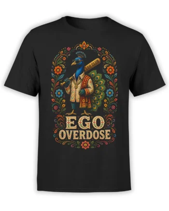 Black T-shirt with a colorful peacock in sunglasses, floral details, and “EGO OVERDOSE” lettering