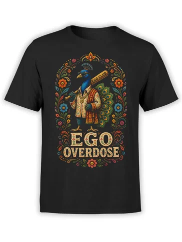 Black T-shirt with a colorful peacock in sunglasses, floral details, and “EGO OVERDOSE” lettering