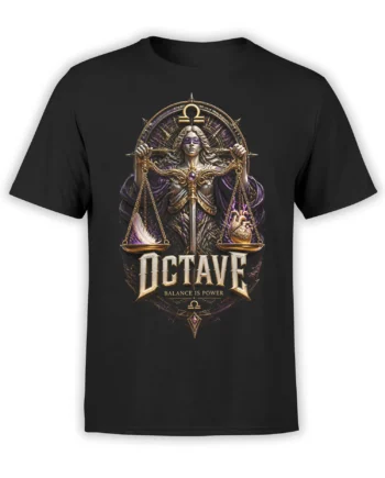 Black justice graphic tee with blindfolded woman, sword, golden scales, Libra symbol, and “Balance Is Power” text