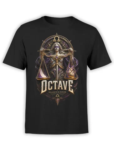 Black justice graphic tee with blindfolded woman, sword, golden scales, Libra symbol, and “Balance Is Power” text