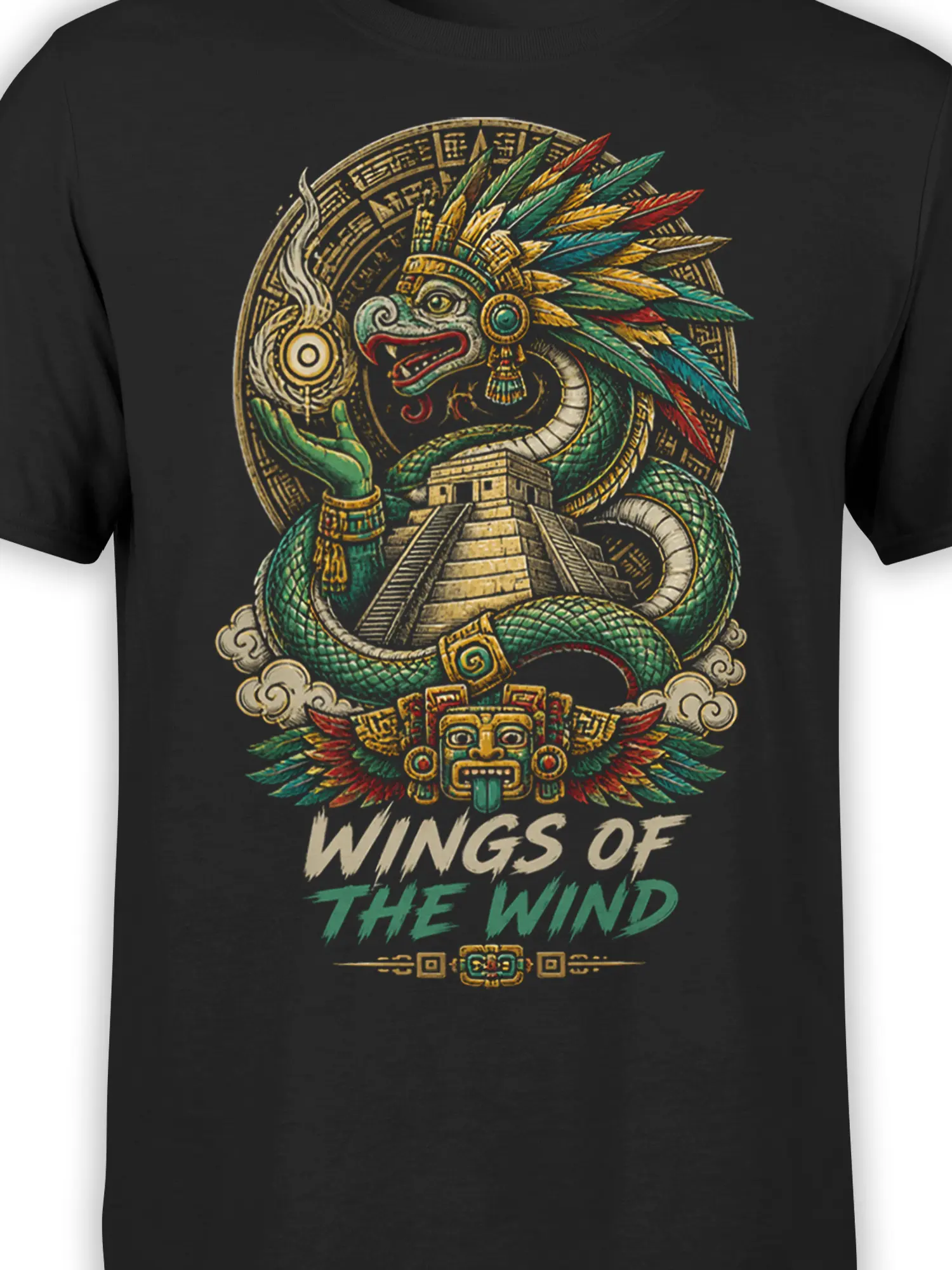 Close-up of the feathered green serpent and stepped pyramid artwork on a black fantasy T-shirt