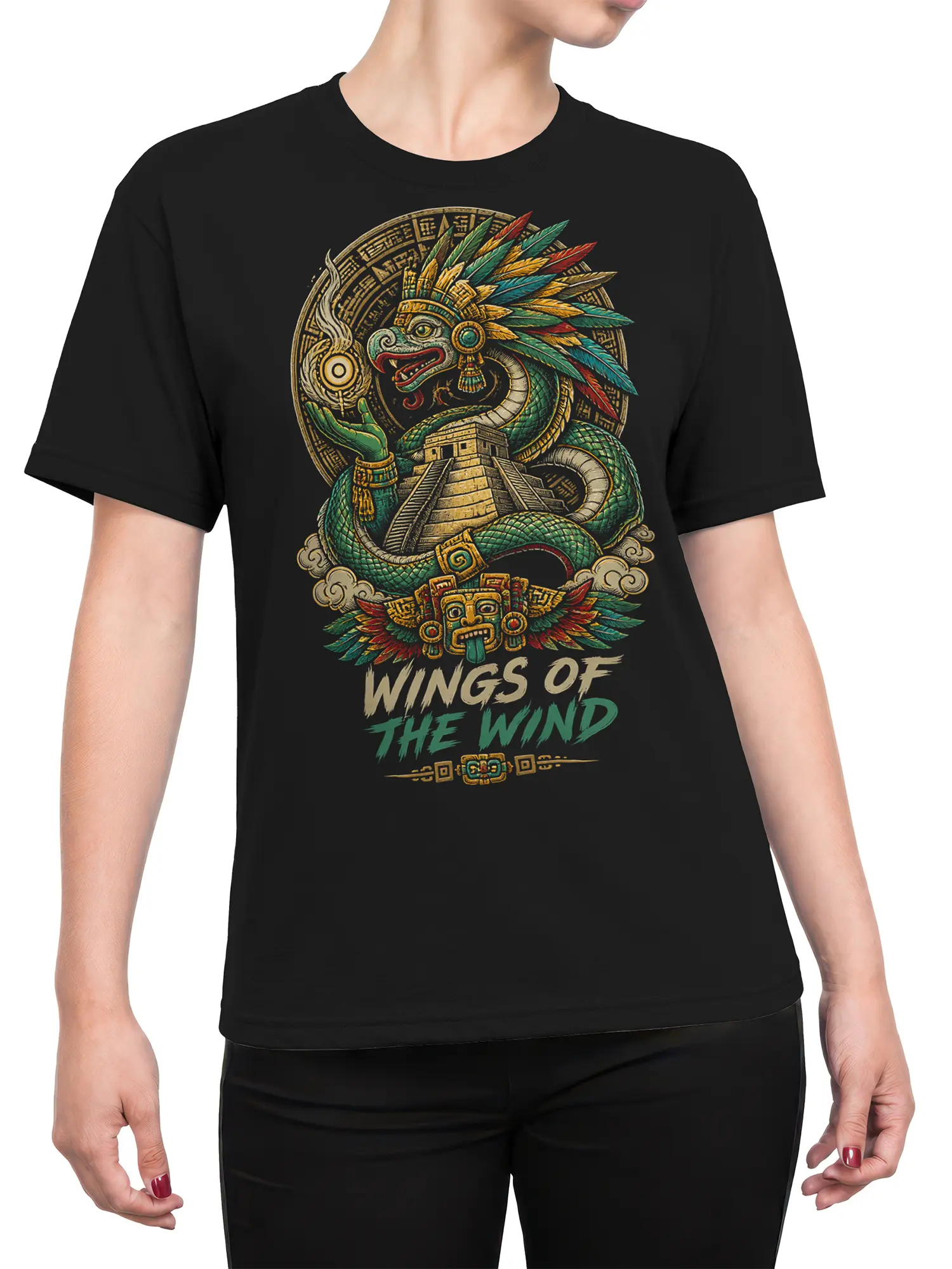 Female torso wearing a black T-shirt with feathered serpent and Wings of the Wind graphic