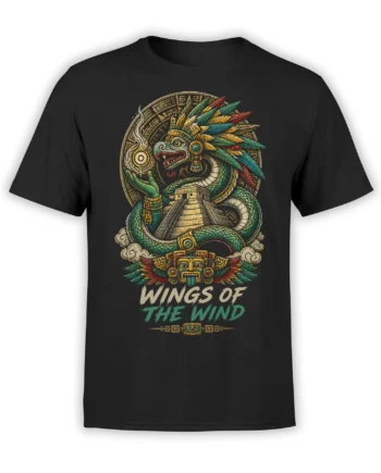 Black T-shirt with a feathered green serpent, stepped pyramid, ancient-inspired symbols, and Wings of the Wind text