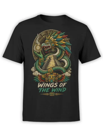 Black T-shirt with a feathered green serpent, stepped pyramid, ancient-inspired symbols, and Wings of the Wind text