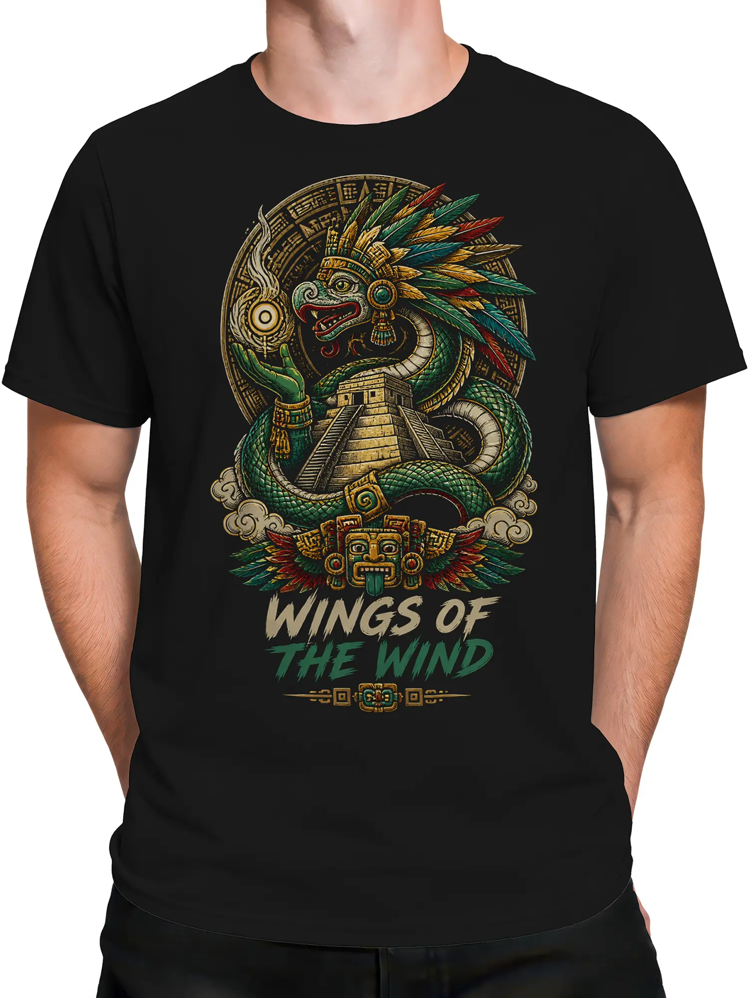 Male torso wearing a black feathered serpent fantasy T-shirt with pyramid artwork