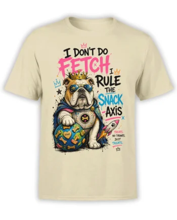 Beige bulldog t-shirt with crowned dog in sunglasses, superhero cape, bone ball, rocket, and snack lettering