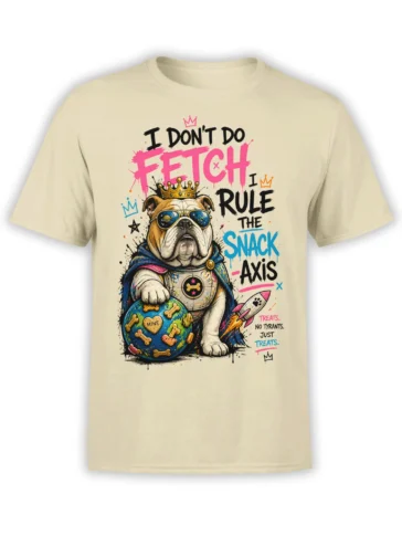Beige bulldog t-shirt with crowned dog in sunglasses, superhero cape, bone ball, rocket, and snack lettering