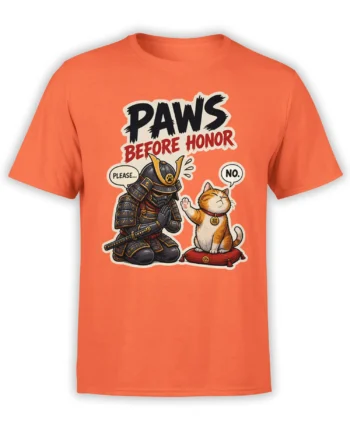 Orange T-shirt with a kneeling samurai, raised-paw cat, and “Paws Before Honor” graphic