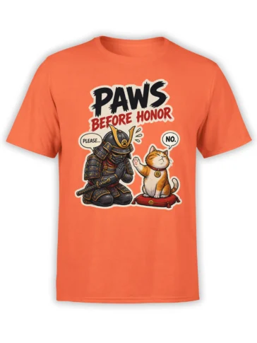 Orange T-shirt with a kneeling samurai, raised-paw cat, and “Paws Before Honor” graphic