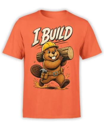 Orange T-shirt with a cheerful beaver builder carrying a log beneath bold vintage BUILD lettering