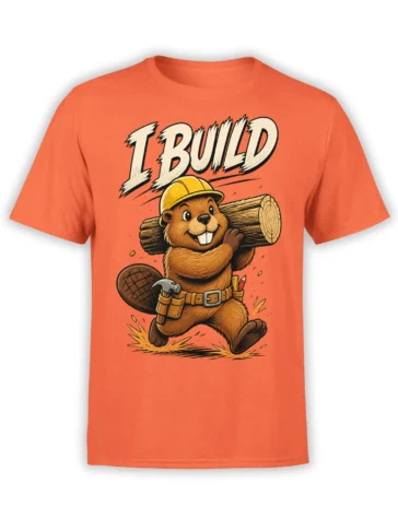 Orange T-shirt with a cheerful beaver builder carrying a log beneath bold vintage BUILD lettering