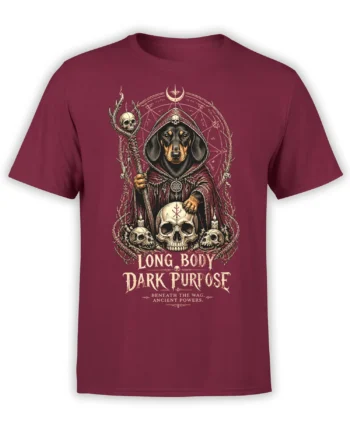 Hooded dachshund dog graphic with skulls and occult symbols on a burgundy T-shirt