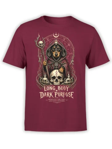 Hooded dachshund dog graphic with skulls and occult symbols on a burgundy T-shirt
