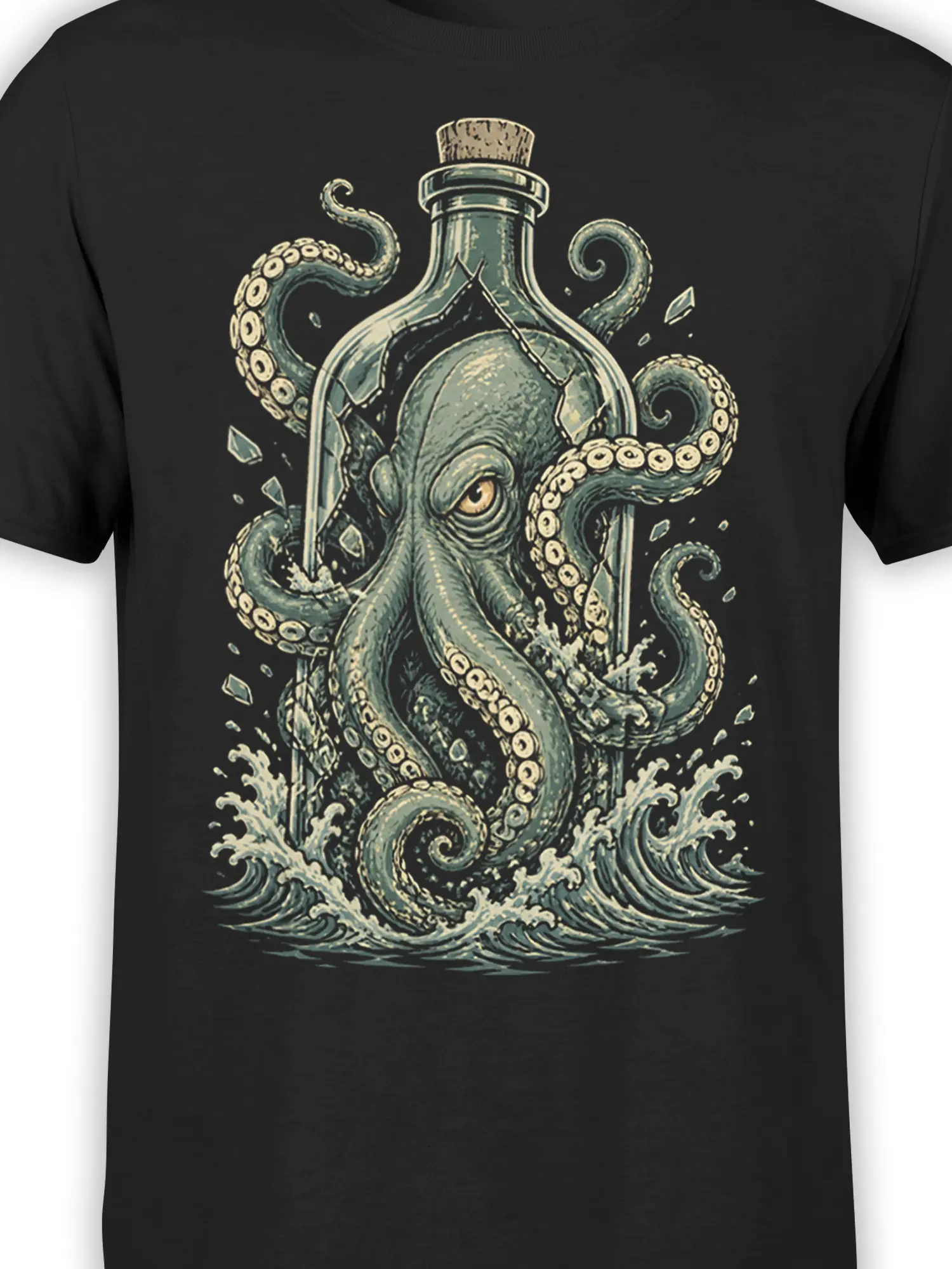 Close-up of the vintage octopus, bottle, tentacles, and waves printed on a black T-shirt