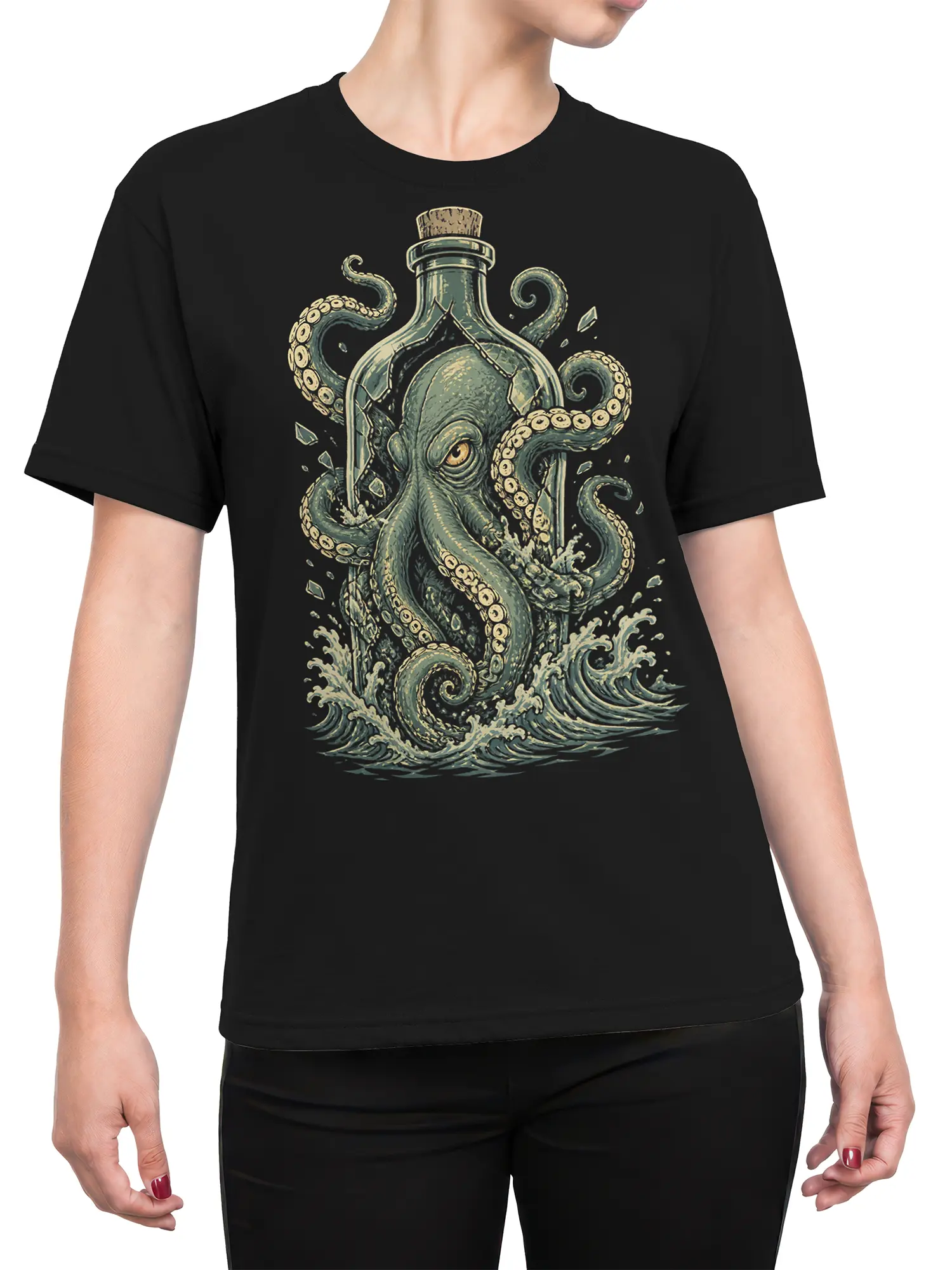 Female torso wearing a black T-shirt with a vintage octopus escaping from a glass bottle