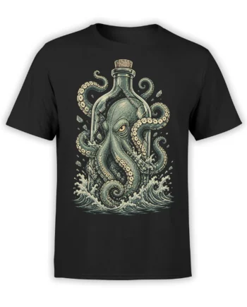 Vintage octopus breaking through a glass bottle with crashing waves on a black graphic T-shirt