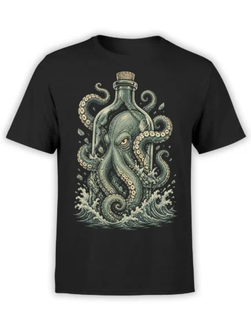 Vintage octopus breaking through a glass bottle with crashing waves on a black graphic T-shirt