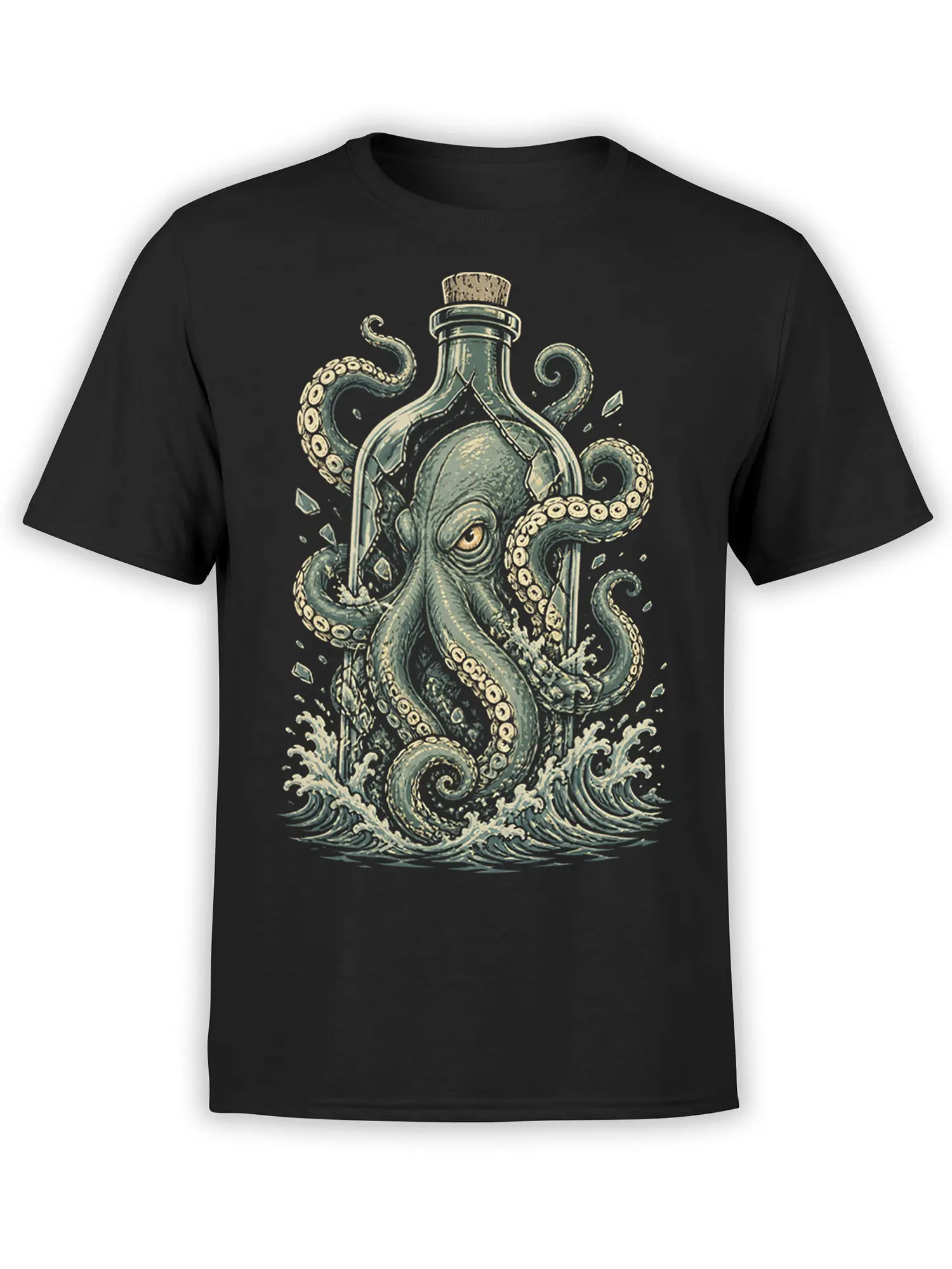 Vintage octopus breaking through a glass bottle with crashing waves on a black graphic T-shirt