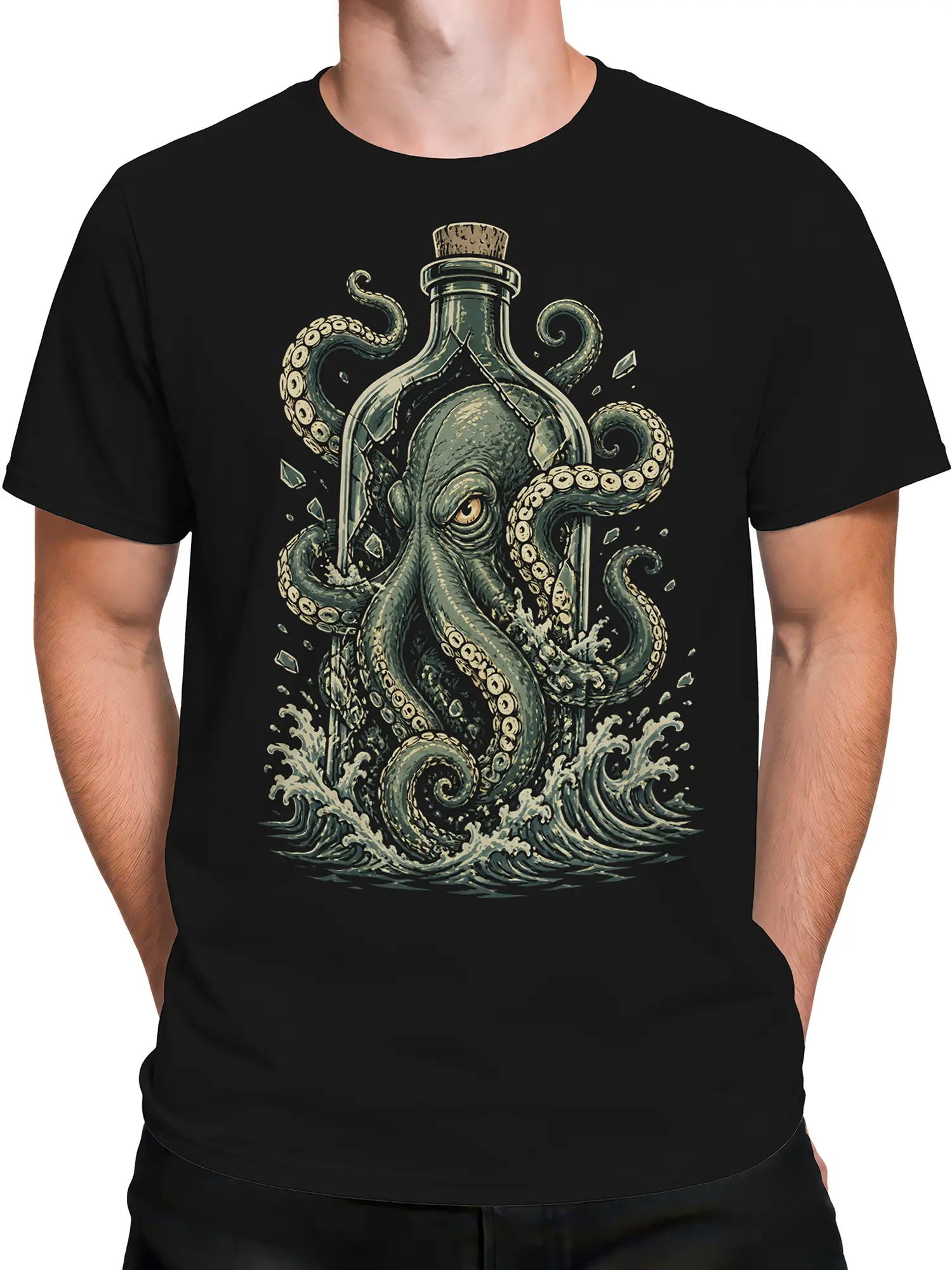 Male torso wearing a black T-shirt with a vintage octopus and nautical bottle artwork
