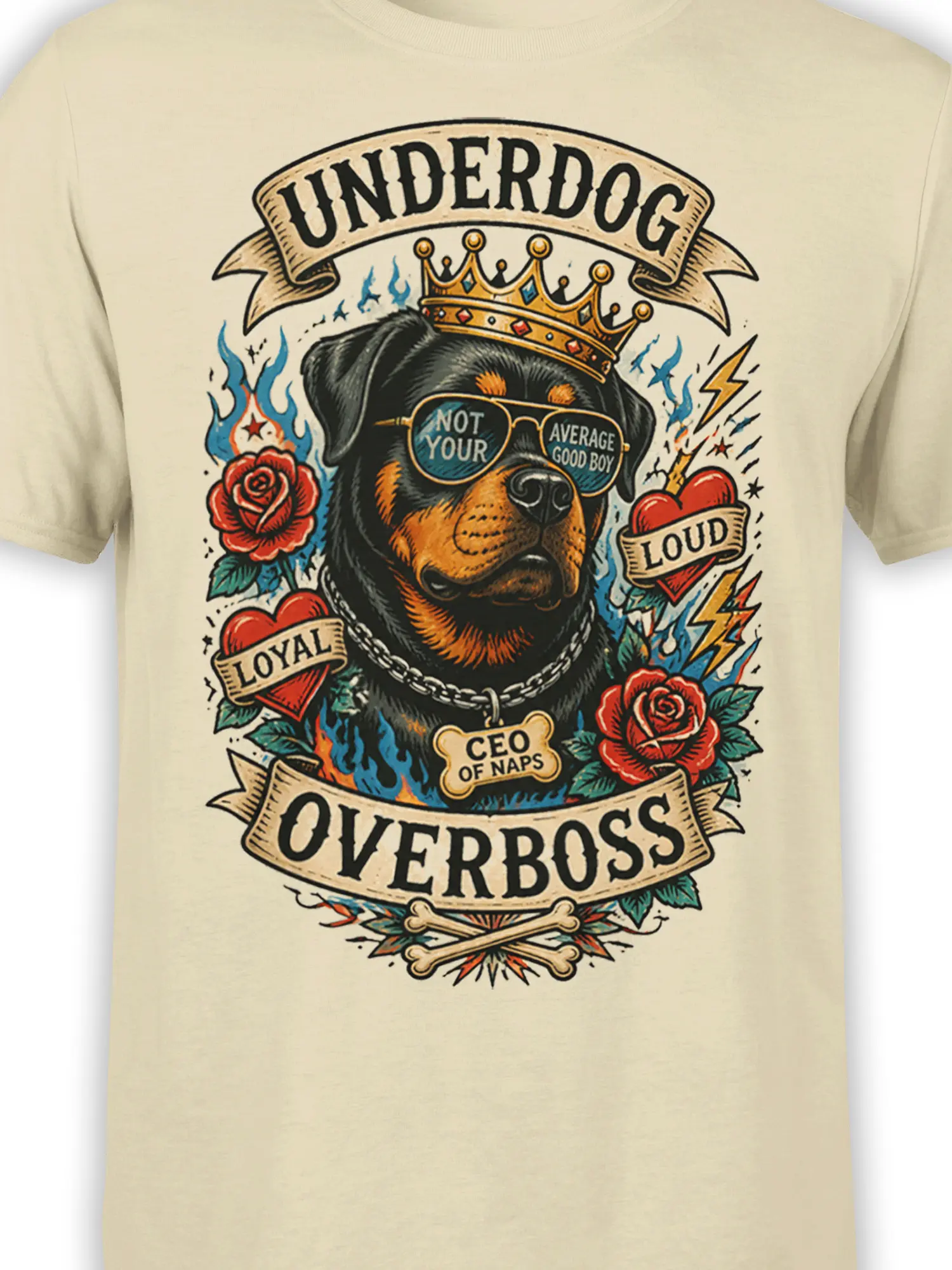 Close-up of crowned Rottweiler dog graphic with sunglasses, roses, flames, and CEO of Naps badge