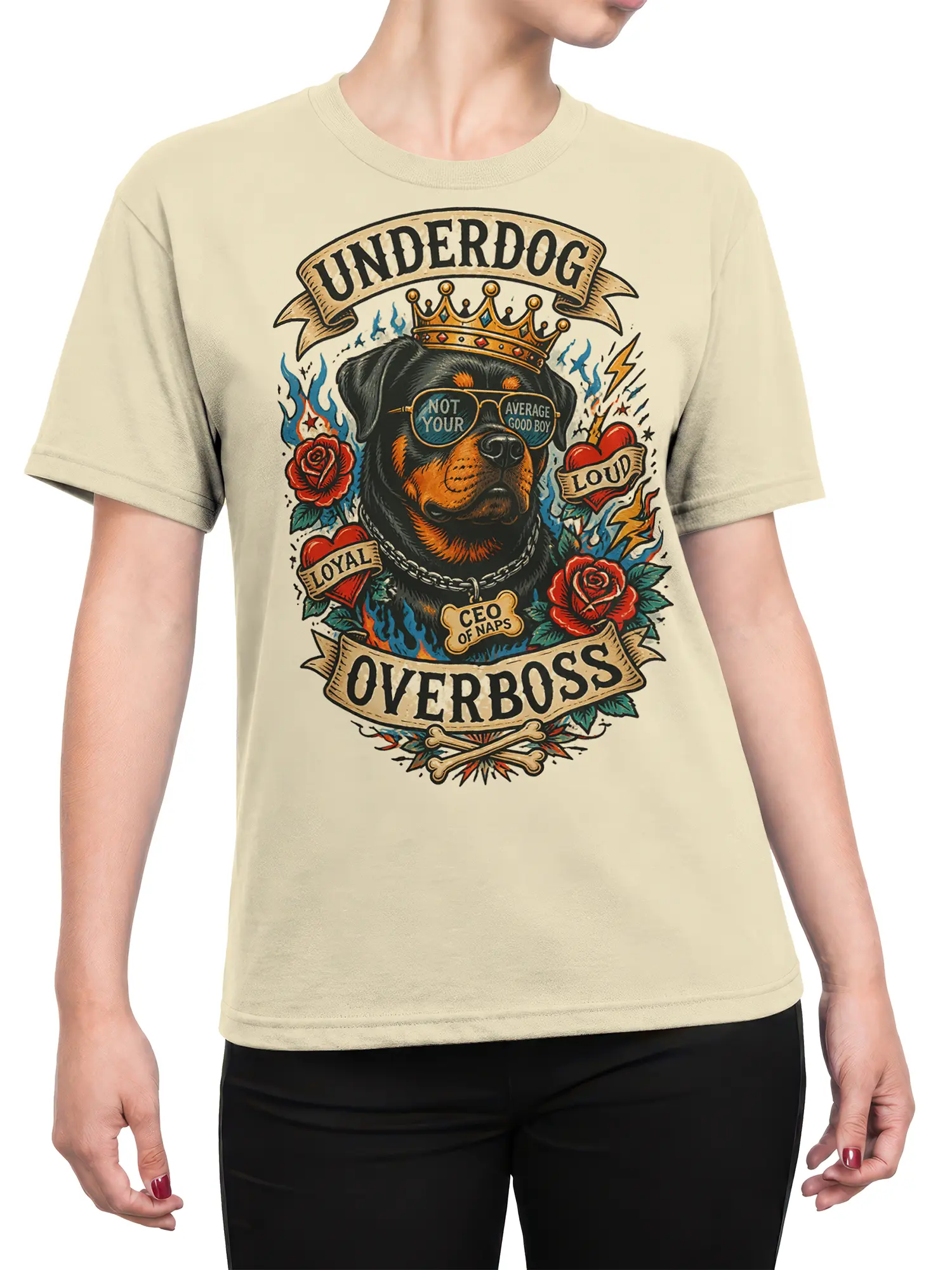 Female torso wearing beige Rottweiler dog T-shirt with vintage Overboss graphic and colorful tattoo-style details