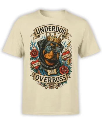 Beige Rottweiler dog T-shirt with crown, sunglasses, roses, flames, and Overboss graphic