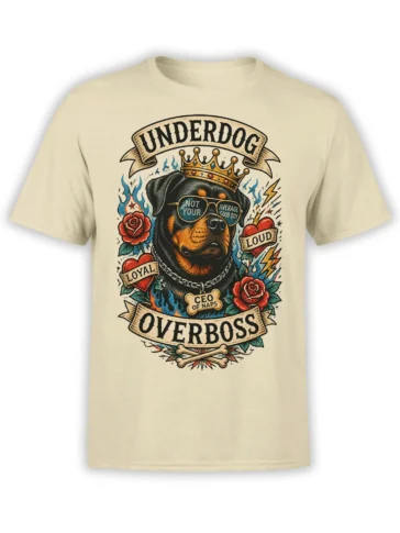 Beige Rottweiler dog T-shirt with crown, sunglasses, roses, flames, and Overboss graphic