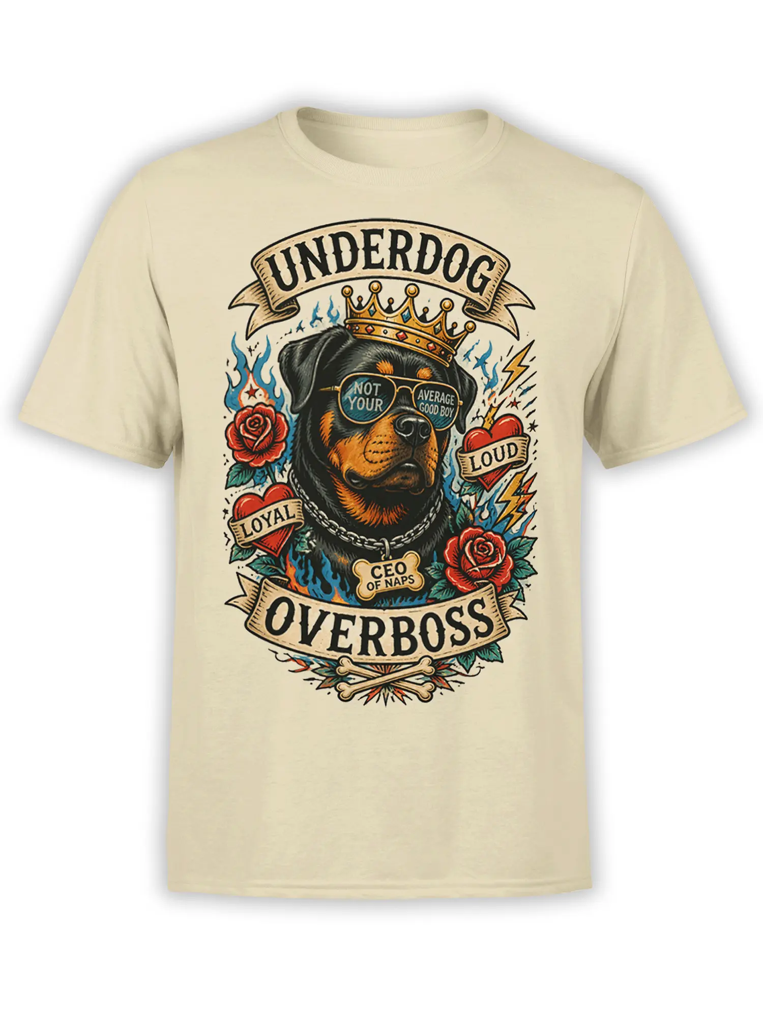 Beige Rottweiler dog T-shirt with crown, sunglasses, roses, flames, and Overboss graphic