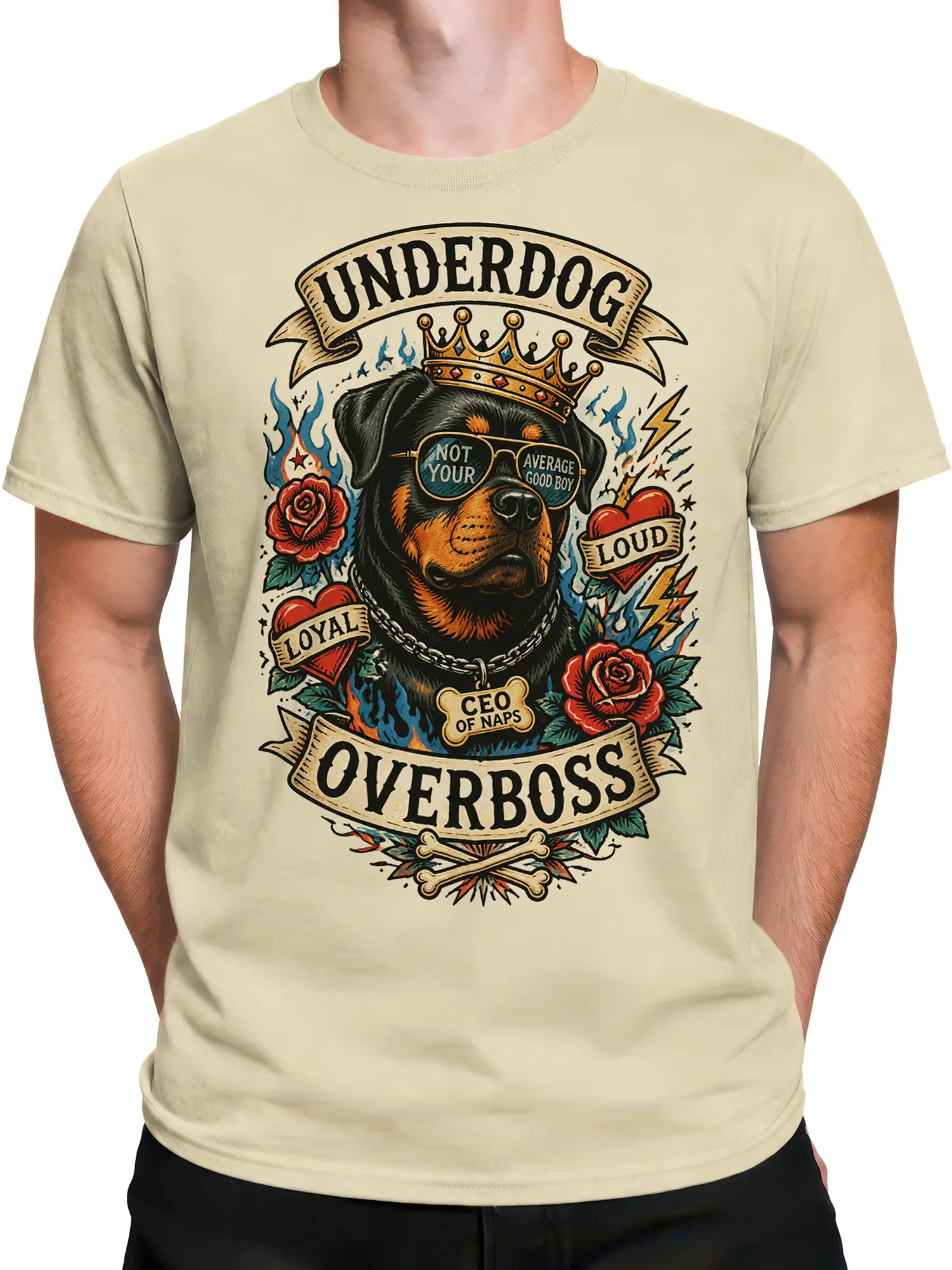 Male torso wearing beige Rottweiler dog T-shirt with crowned dog, roses, flames, and humorous Overboss design