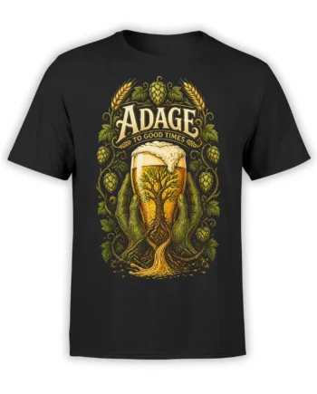 Black beer T-shirt with an overflowing golden pint, hops, barley, vines, and a rooted tree design