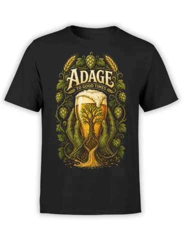 Black beer T-shirt with an overflowing golden pint, hops, barley, vines, and a rooted tree design