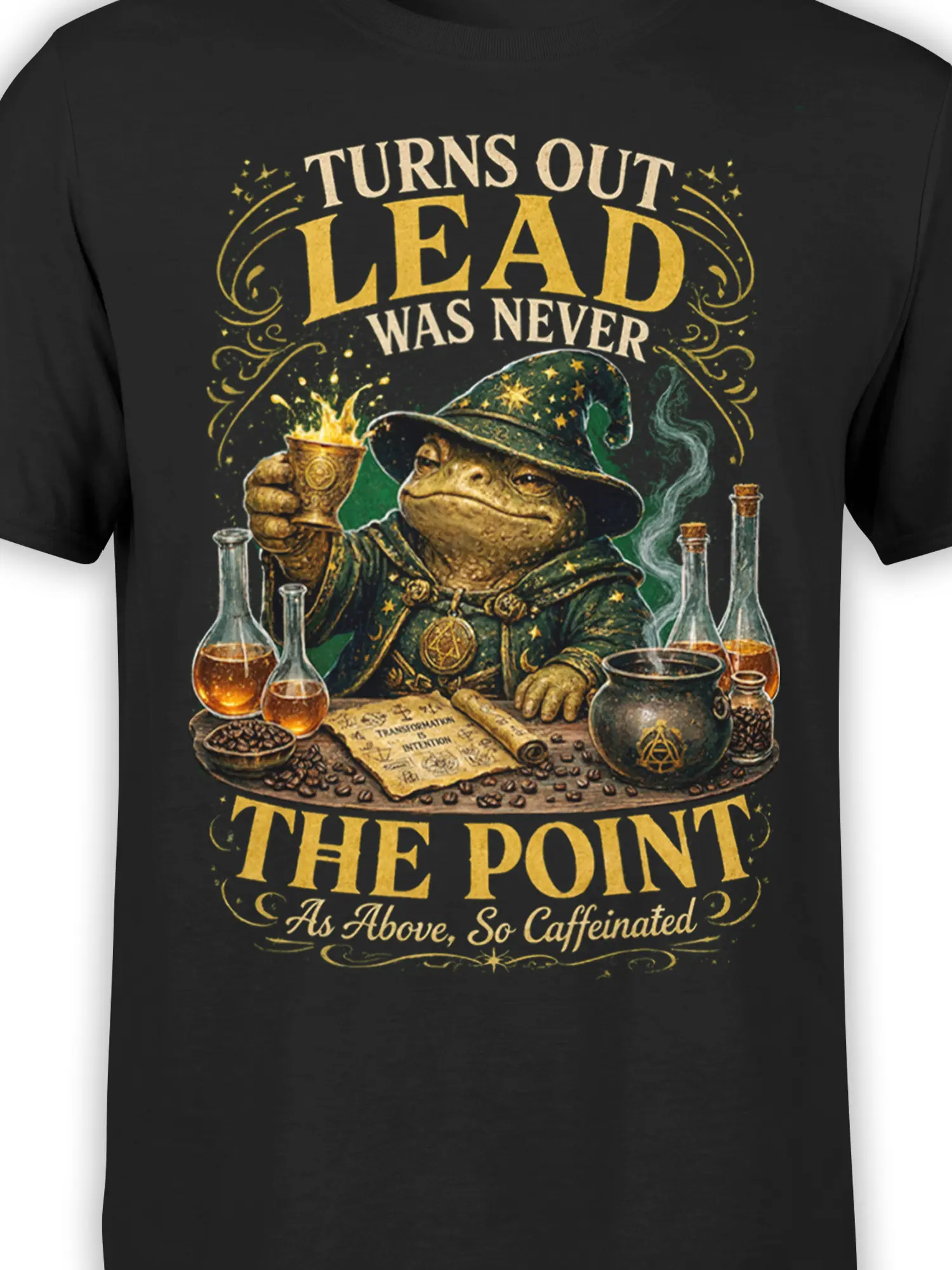 Detailed wizard frog coffee design with gold lettering, potion bottles, and a cauldron on black fabric