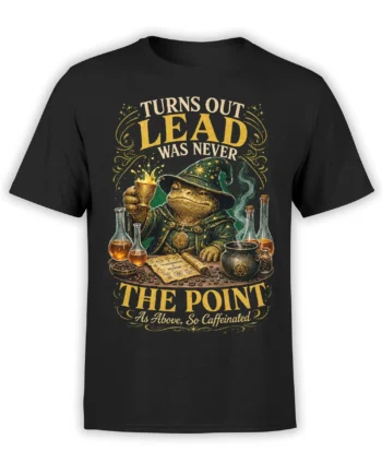 Wizard frog alchemist holding coffee with potions and a cauldron on a black graphic T-shirt