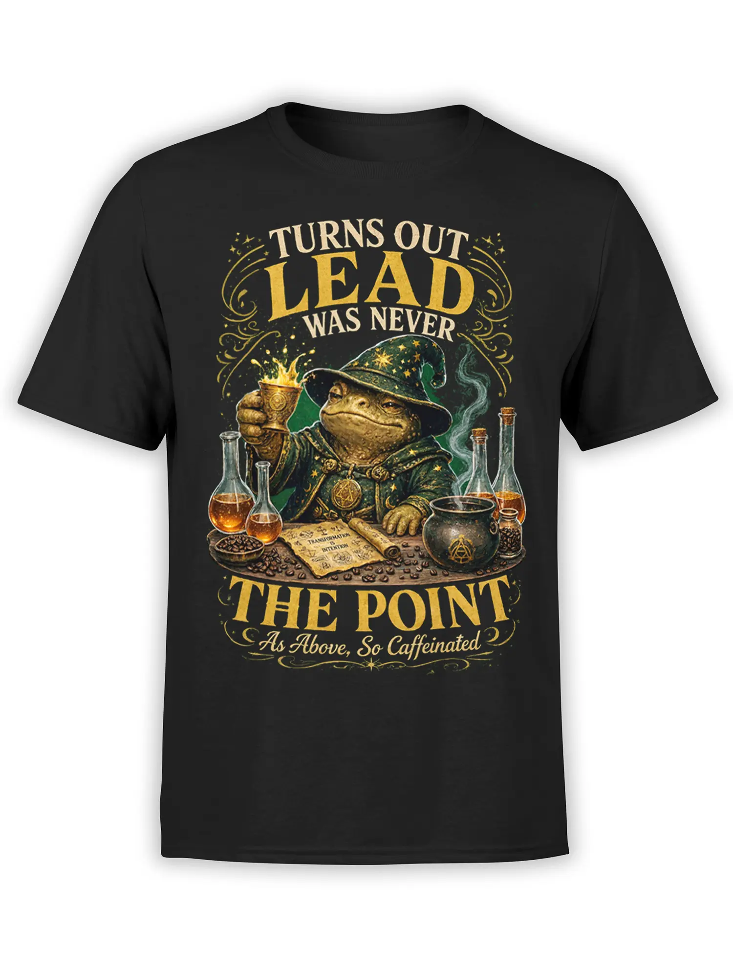 Wizard frog alchemist holding coffee with potions and a cauldron on a black graphic T-shirt