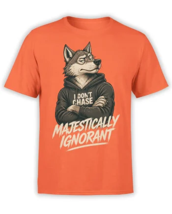 Orange T-shirt featuring a gray wolf in a hoodie with “I DON’T CHASE” and “MAJESTICALLY IGNORANT” text