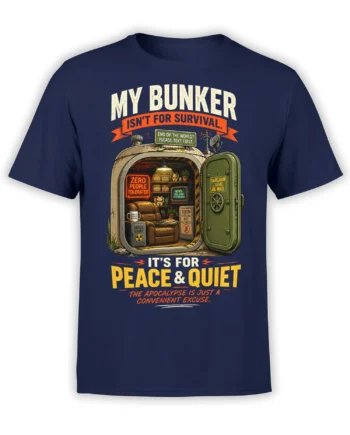 Vintage apocalypse bunker graphic tee in navy with snacks, sarcasm, and a peace and quiet message